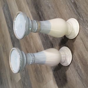 Pillar candle holders (2) Blue/cream